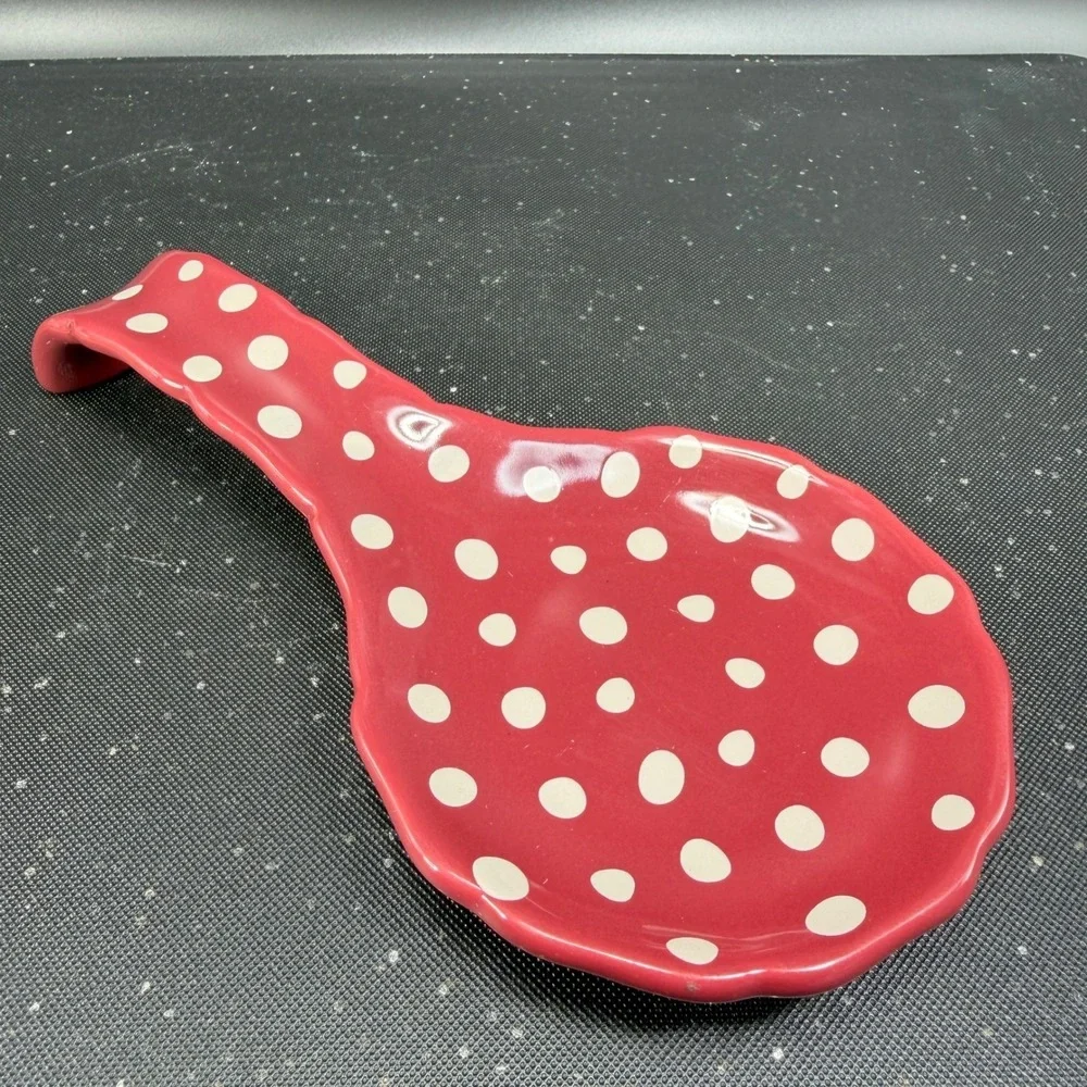 The Pioneer Woman Burgundy Polka Dot Ceramic Spoon Rest Scalloped Edge Stoneware